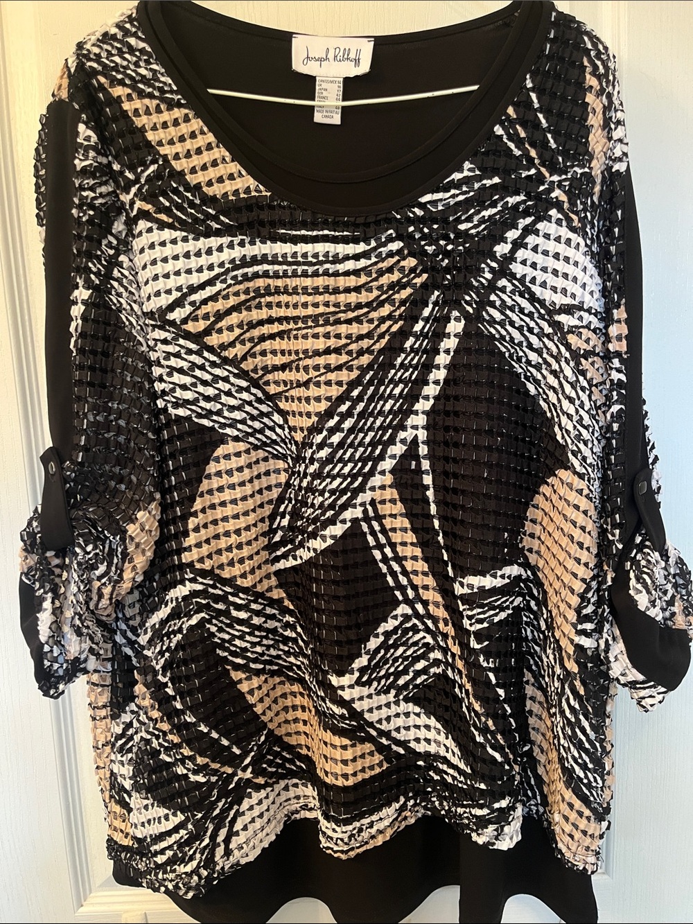 Joseph Ribkoff Black, Beige and White - Pleat-like -Embellished Printed Top